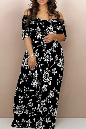 Black And White Casual Print Patchwork Backless Off Shoulder Long Dresses