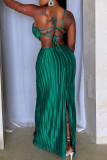 Green Celebrities Solid Color Hollow Out Patchwork Backless Ruched Halter Long Dresses