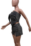 Black Sexy Solid Color Pocket Buttons Patchwork Zipper Strapless Sleeveless Two Pieces
