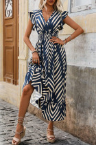 Blue Celebrities Stripe Patchwork V Neck Irregular Dresses