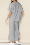 Black Casual Solid Color Draw String Pocket Patchwork O Neck Half Sleeve Two Pieces