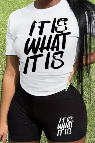 White Casual Letter Print Basic O Neck Short Sleeve Two Pieces