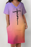 Light Blue Casual Gradient Print Letter Print Pocket Contrast V Neck Printed Plus Size Dresses