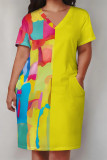 Light Blue Casual Gradient Print Letter Print Pocket Contrast V Neck Printed Plus Size Dresses