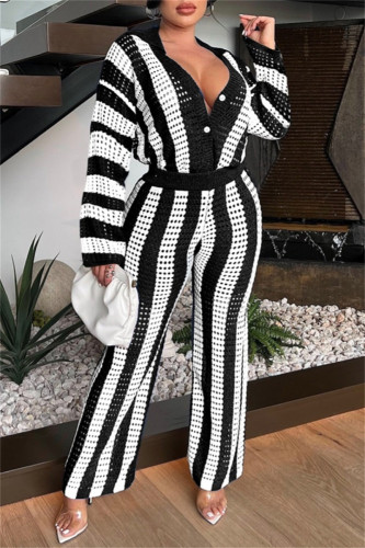 Black Casual Stripe Patchwork Contrast Turndown Collar Long Sleeve Two Pieces