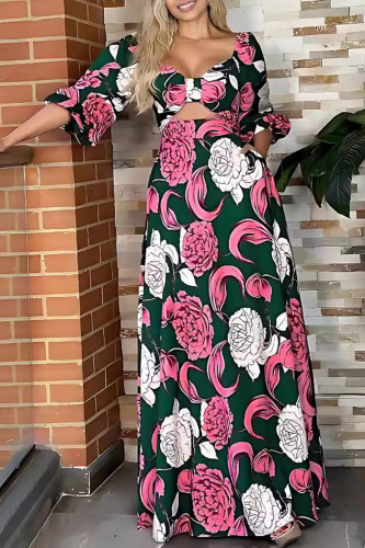 Multicolor Celebrities Print Hollow Out Patchwork Zipper Long Dresses