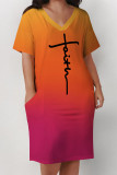 Light Blue Casual Gradient Print Letter Print Pocket Contrast V Neck Printed Plus Size Dresses