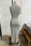 Grey Casual Solid Color Basic U Neck Sleeveless Two Pieces