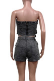 Black Sexy Solid Color Pocket Buttons Patchwork Zipper Strapless Sleeveless Two Pieces