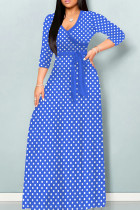 Dark Blue Casual Print Patchwork Strap Design V Neck Long Dresses