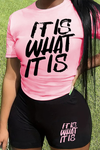 Pink Casual Letter Print Basic O Neck Short Sleeve Two Pieces