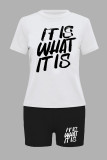 White Casual Letter Print Basic O Neck Short Sleeve Two Pieces