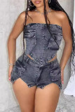 Black Sexy Solid Color Pocket Buttons Patchwork Zipper Strapless Sleeveless Two Pieces
