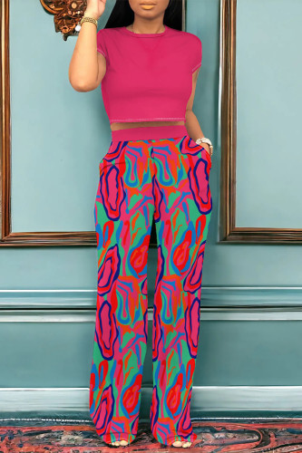 Rose Red Casual Geometric Print Pocket Contrast O Neck Short Sleeve Two Pieces