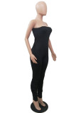 Black Sexy Casual Solid Color Backless Strapless Skinny Jumpsuits