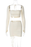 Apricot Sexy Casual Solid Color Patchwork Backless Belted Square Neck Long Sleeve Two Pieces