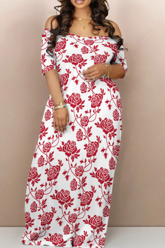 Red Casual Print Patchwork Backless Off Shoulder Long Dresses