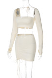 Apricot Sexy Casual Solid Color Patchwork Backless Belted Square Neck Long Sleeve Two Pieces