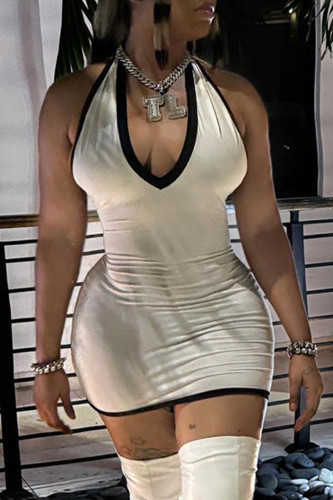 Cream White Sexy Patchwork Backless Contrast Deep V Neck Wrapped Skirt Dresses