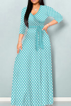 Cyan Casual Print Patchwork Strap Design V Neck Long Dresses
