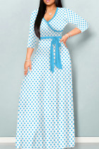 Blue White Casual Print Patchwork Strap Design V Neck Long Dresses