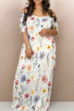 Pink Casual Print Patchwork Backless Off Shoulder Long Dresses