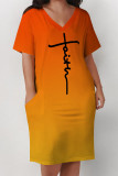 Light Blue Casual Gradient Print Letter Print Pocket Contrast V Neck Printed Plus Size Dresses