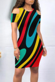 Beige Casual Geometric Print Contrast O Neck Printed Dresses