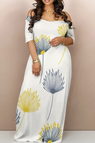 White Casual Print Patchwork Backless Off Shoulder Long Dresses