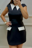 White Celebrities Patchwork Contrast Turndown Collar A Line Dresses
