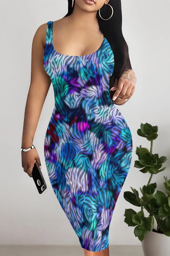 Blue Sexy Gradient Print Leopard Print Contrast U Neck Printed Dresses