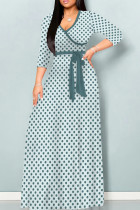 Light Green Casual Print Patchwork Strap Design V Neck Long Dresses
