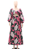 Multicolor Celebrities Print Hollow Out Patchwork Zipper Long Dresses