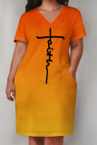Light Blue Casual Gradient Print Letter Print Pocket Contrast V Neck Printed Plus Size Dresses