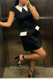 White Celebrities Patchwork Contrast Turndown Collar A Line Dresses