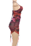 Purple Sexy Print Patchwork Backless Spaghetti Strap Sling Dresses