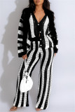 Blue Casual Stripe Patchwork Contrast Turndown Collar Long Sleeve Two Pieces