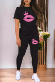 Black Casual Lips Print Patchwork O Neck Short Sleeve Two Pieces