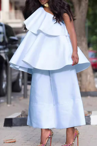 Light Blue Celebrities Solid Color Patchwork Ruffled Trim Oblique Collar Two Pieces