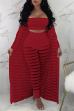Red Casual Solid See-through Long Sleeve Three Pieces