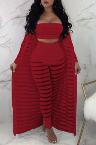 Red Casual Solid See-through Long Sleeve Three Pieces
