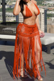 Blue Sexy Solid Color Fringed Trim Patchwork Backless Strap Design Halter Sleeveless Two Pieces