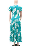 Green Celebrities Print Patchwork Ruched V Neck A Line Dresses