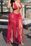 Blue Sexy Solid Color Fringed Trim Patchwork Backless Strap Design Halter Sleeveless Two Pieces