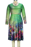 Green Celebrities Print Patchwork O Neck A Line Plus Size Dresses