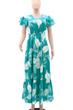 Green Celebrities Print Patchwork Ruched V Neck A Line Dresses