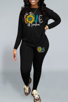 Black Casual Print Patchwork O Neck Long Sleeve Two Pieces
