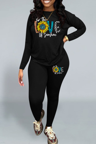 Black Casual Print Patchwork O Neck Long Sleeve Two Pieces