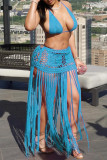 Blue Sexy Solid Color Fringed Trim Patchwork Backless Strap Design Halter Sleeveless Two Pieces
