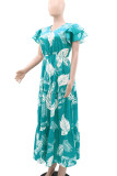 Green Celebrities Print Patchwork Ruched V Neck A Line Dresses